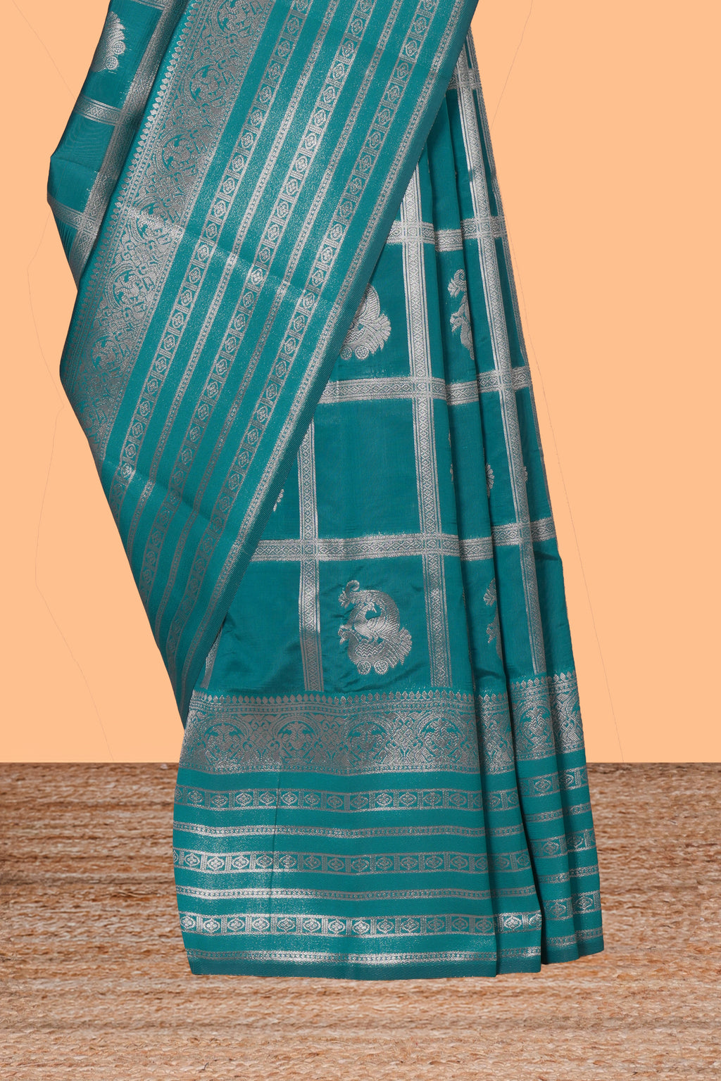Midnight green checked zari motifs art silk saree with self zari border and matching zari motifs blouse