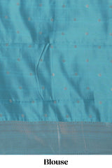 Blue zari motifs art silk saree with self zari border and matching zari motifs blouse