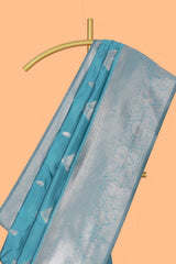 Blue zari motifs art silk saree with self zari border and matching zari motifs blouse