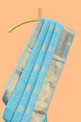 Turquoise blue striped zari motifs art silk saree with self zari border and matching blouse