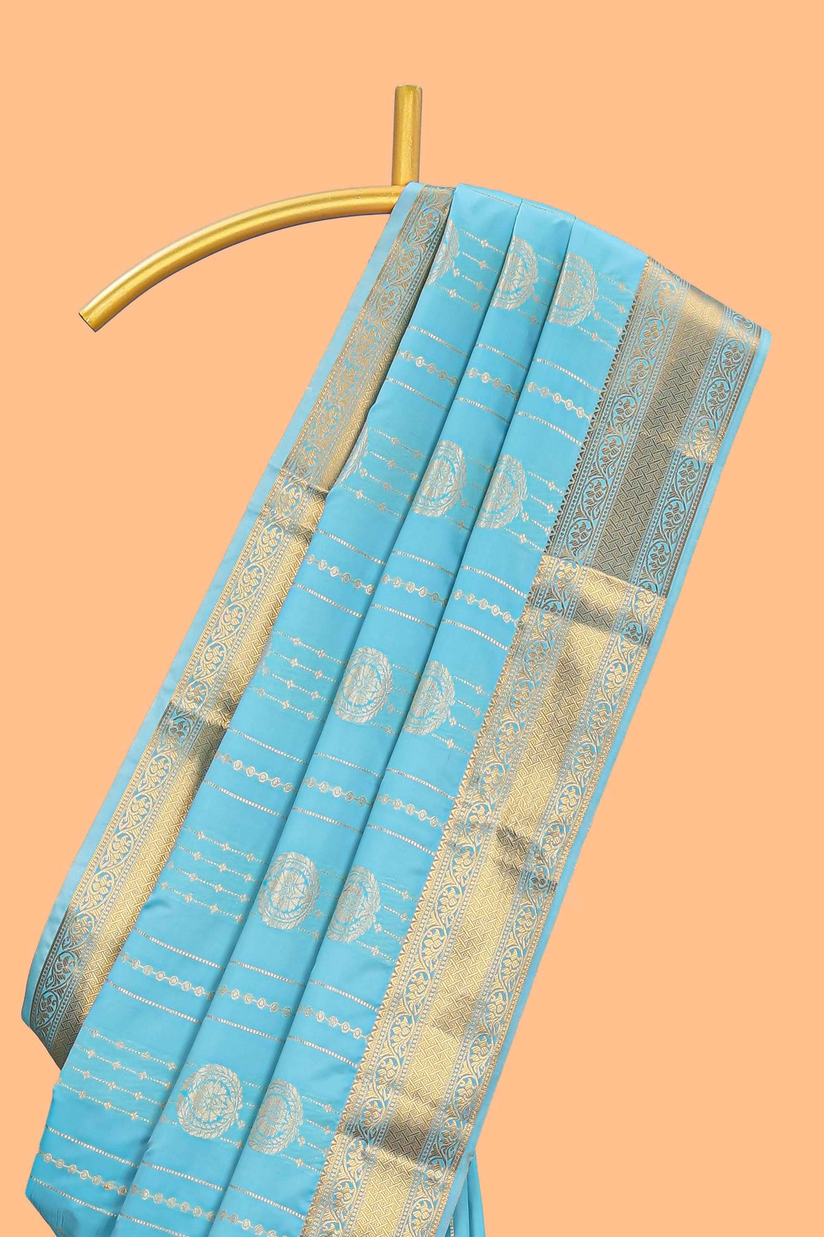 Turquoise blue striped zari motifs art silk saree with self zari border and matching blouse