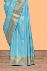 Turquoise blue striped zari motifs art silk saree with self zari border and matching blouse
