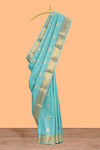 Turquoise green striped zari motifs art silk saree with self zari border and matching blouse