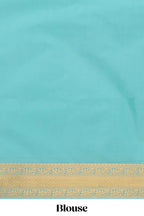 Turquoise green striped zari motifs art silk saree with self zari border and matching blouse