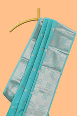 Turquoise blue zari motifs art silk saree with self zari border and matching blouse