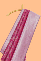 Pink striped floral design art silk saree with contrast zari border and zari motifs blouse