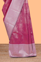 Pink striped floral design art silk saree with contrast zari border and zari motifs blouse