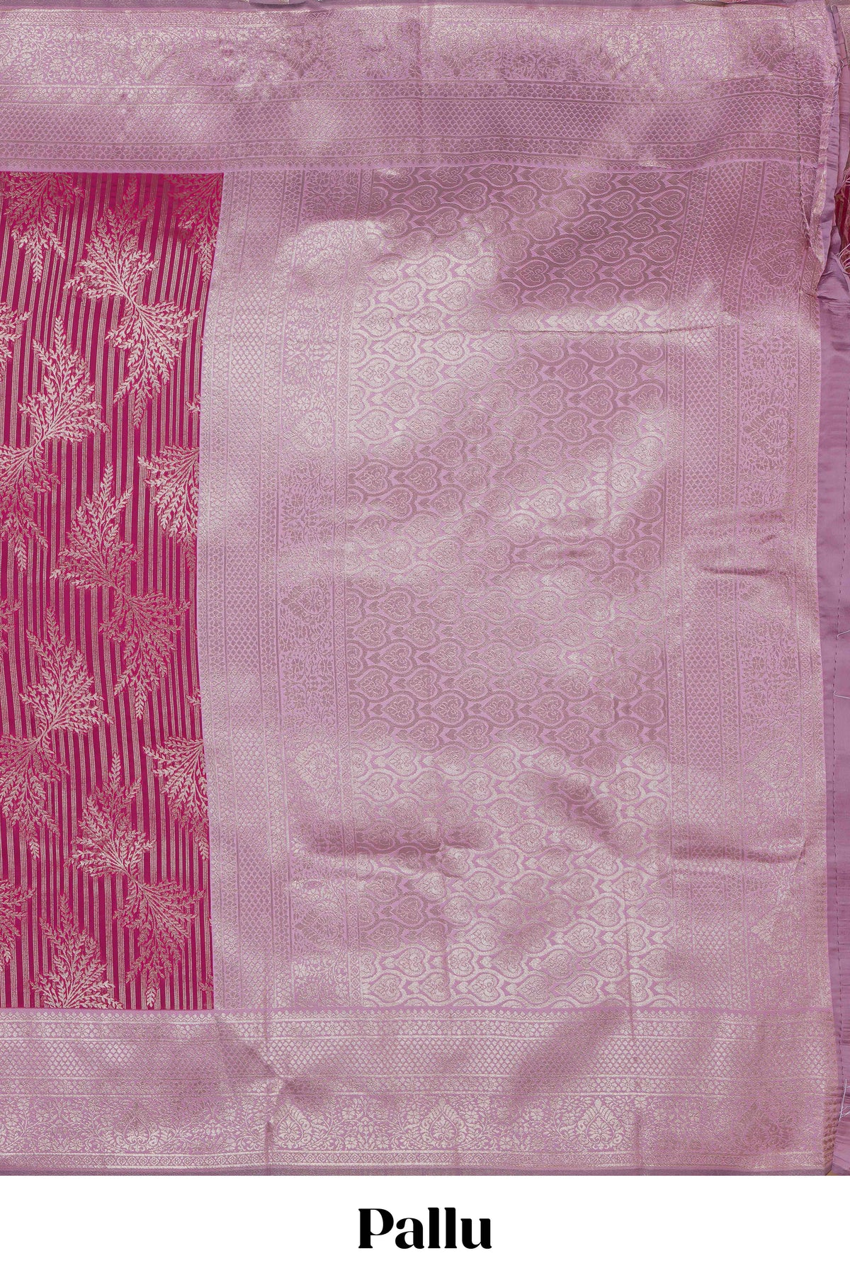Pink striped floral design art silk saree with contrast zari border and zari motifs blouse