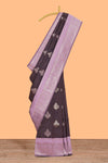 Dark brown zari floral motifs art silk saree with contrast zari border and motifs blouse