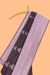 Dark brown zari floral motifs art silk saree with contrast zari border and motifs blouse