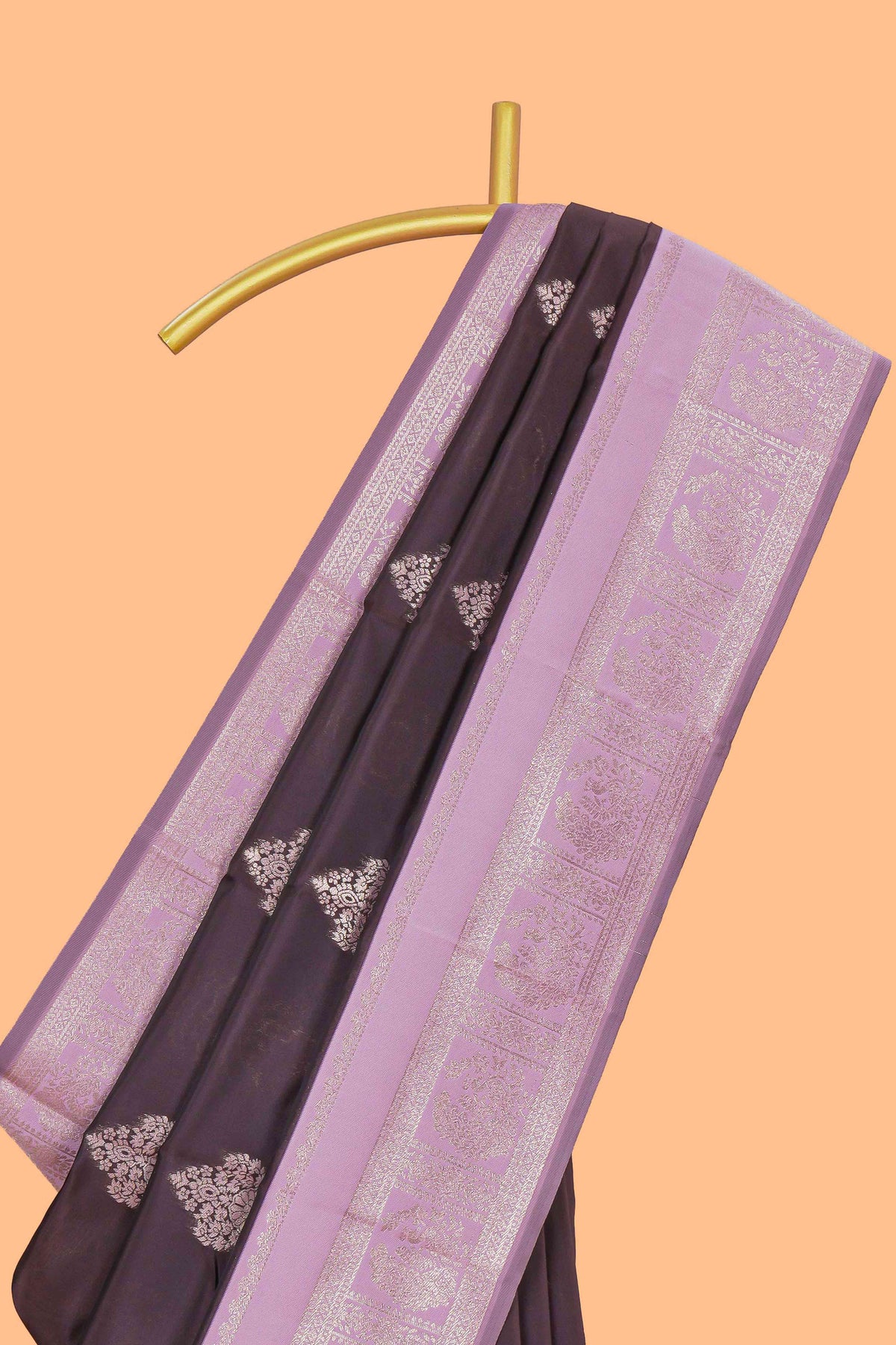 Dark brown zari floral motifs art silk saree with contrast zari border and motifs blouse