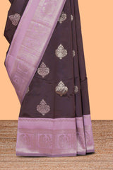 Dark brown zari floral motifs art silk saree with contrast zari border and motifs blouse