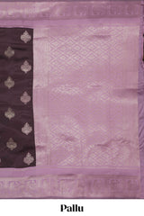Dark brown zari floral motifs art silk saree with contrast zari border and motifs blouse