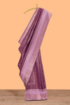 Purple checked zari motifs art silk saree with contrast zari border and contrast motifs blouse