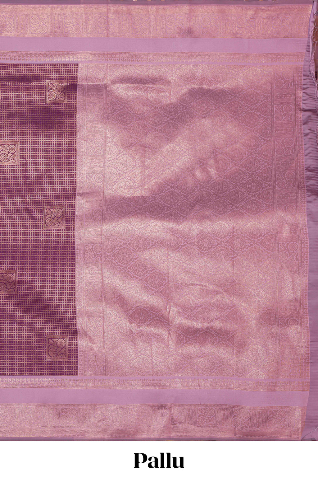 Purple checked zari motifs art silk saree with contrast zari border and contrast motifs blouse