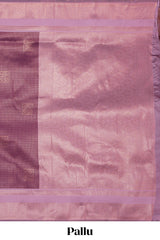 Purple checked zari motifs art silk saree with contrast zari border and contrast motifs blouse