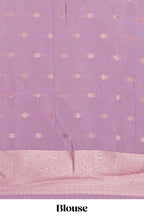 Purple checked zari motifs art silk saree with contrast zari border and contrast motifs blouse