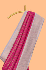 Pink checked zari motifs art silk saree with contrast zari border and contrast motifs blouse