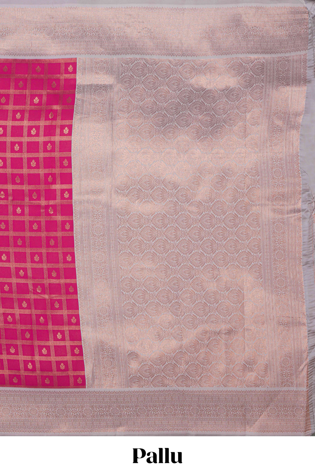 Pink checked zari motifs art silk saree with contrast zari border and contrast motifs blouse