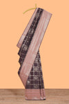 Dark brown floral moifs design art silk saree with contrast zari border and zari motifs blouse