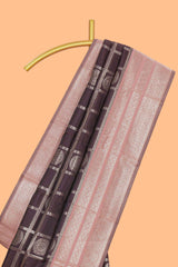 Dark brown floral moifs design art silk saree with contrast zari border and zari motifs blouse