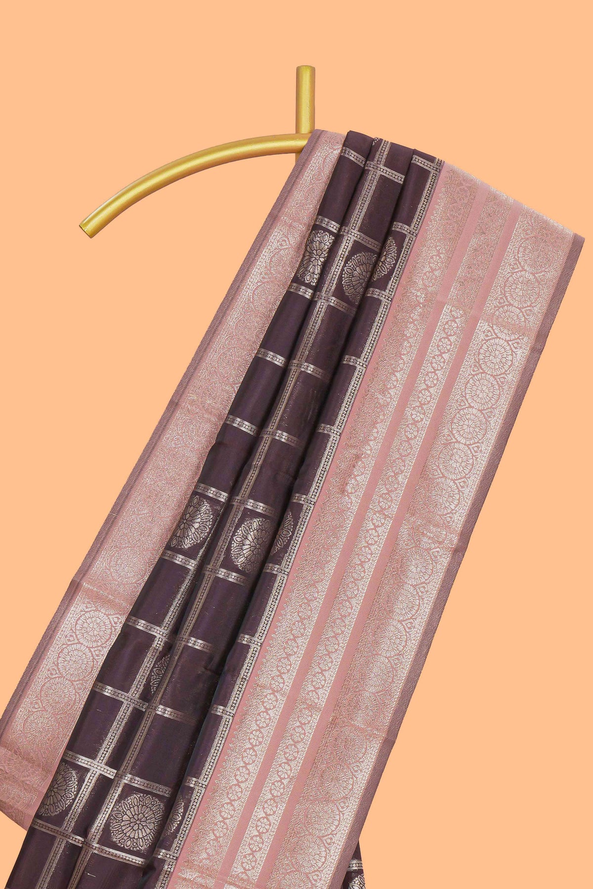 Dark brown floral moifs design art silk saree with contrast zari border and zari motifs blouse