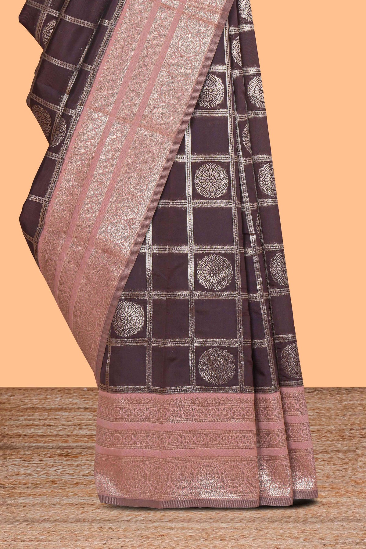 Dark brown floral moifs design art silk saree with contrast zari border and zari motifs blouse