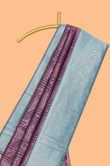 Purple striped floral design art silk saree with contrast zari border and zari motifs blouse