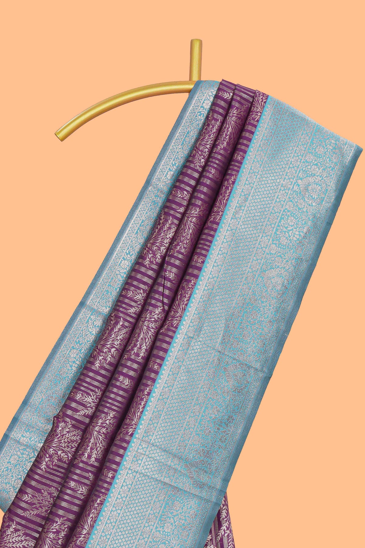 Purple striped floral design art silk saree with contrast zari border and zari motifs blouse
