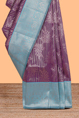Purple striped floral design art silk saree with contrast zari border and zari motifs blouse