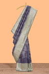 Violet striped floral design art silk saree with contrast zari border and zari motifs blouse