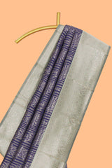 Violet striped floral design art silk saree with contrast zari border and zari motifs blouse