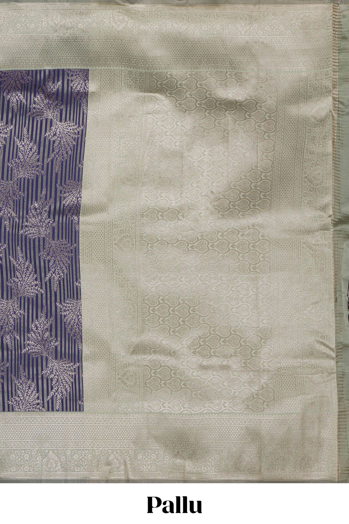 Violet striped floral design art silk saree with contrast zari border and zari motifs blouse
