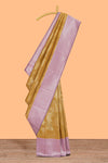 Mustard striped floral design art silk saree with contrast zari border and zari motifs blouse