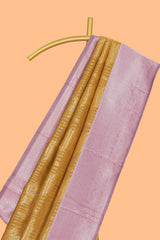 Mustard striped floral design art silk saree with contrast zari border and zari motifs blouse