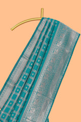 Teal green checked floral motifs design art silk saree with self zari border and matching motifs blouse