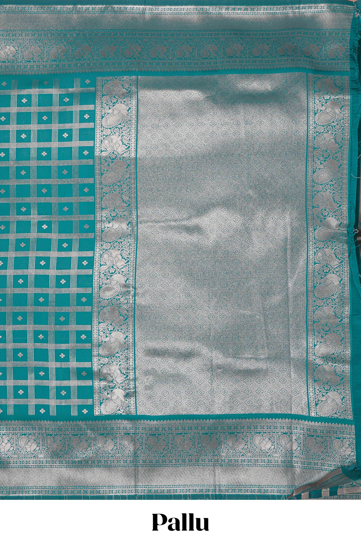 Teal green checked floral motifs design art silk saree with self zari border and matching motifs blouse