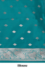 Teal green checked floral motifs design art silk saree with self zari border and matching motifs blouse