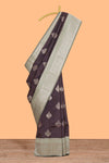 Dark brown floral motifs design art silk saree with contrast zari border and motifs blouse