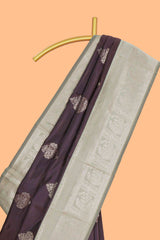 Dark brown floral motifs design art silk saree with contrast zari border and motifs blouse