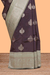 Dark brown floral motifs design art silk saree with contrast zari border and motifs blouse