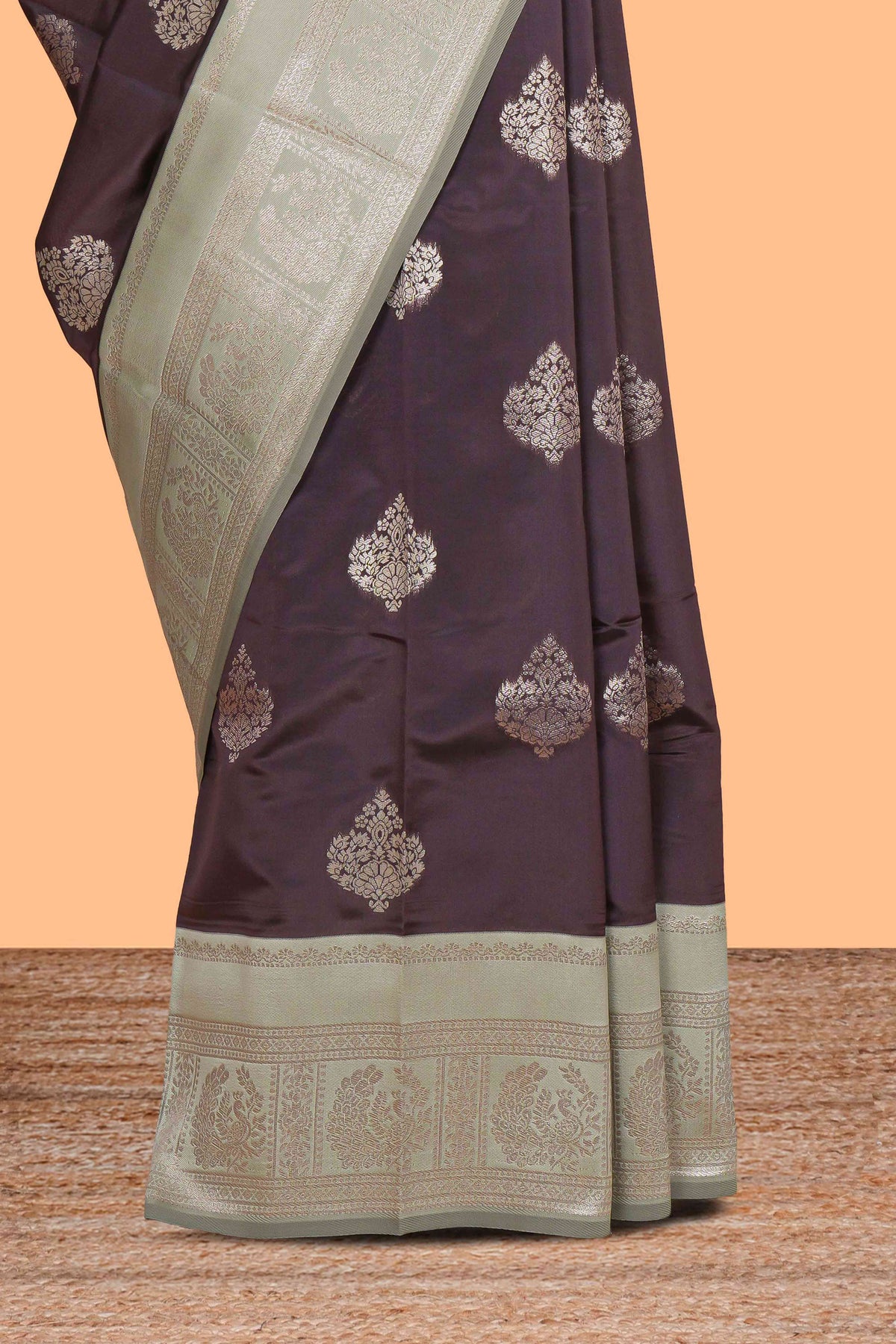 Dark brown floral motifs design art silk saree with contrast zari border and motifs blouse
