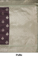 Dark brown floral motifs design art silk saree with contrast zari border and motifs blouse
