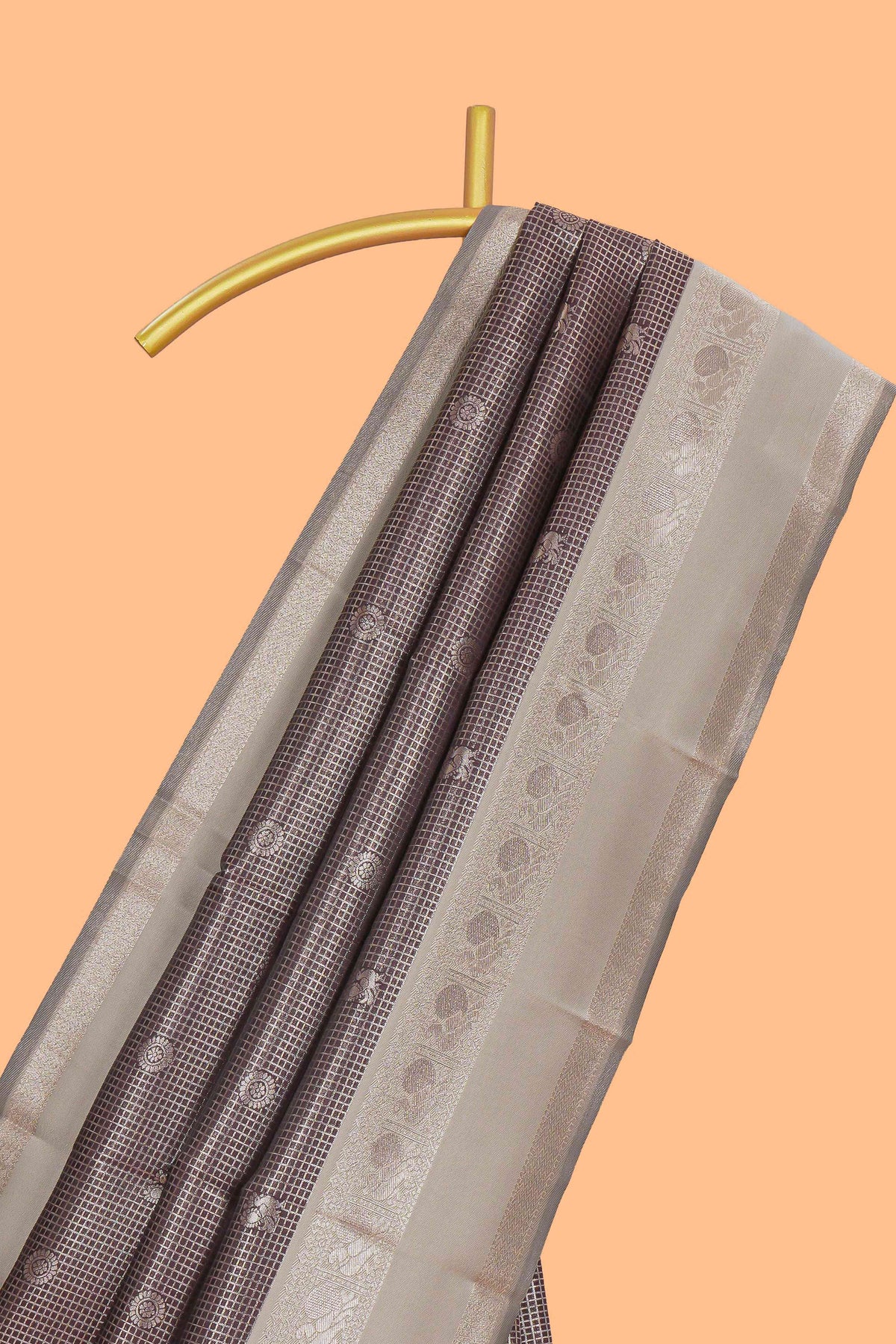 Dark brown checked floral motifs design art silk saree with contrast zari border and motifs blouse
