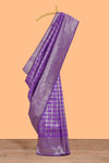 Lavender checked floral motifs design art silk saree with self zari border and matching motifs blouse
