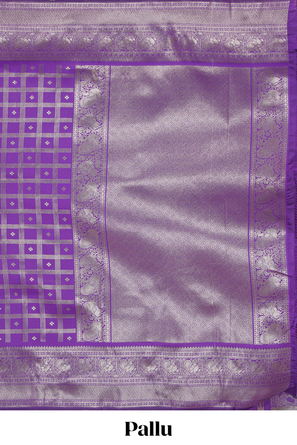 Lavender checked floral motifs design art silk saree with self zari border and matching motifs blouse