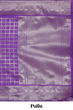 Lavender checked floral motifs design art silk saree with self zari border and matching motifs blouse