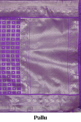 Lavender checked floral motifs design art silk saree with self zari border and matching motifs blouse