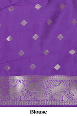 Lavender checked floral motifs design art silk saree with self zari border and matching motifs blouse