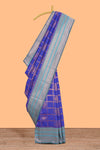 Blue checked floral motifs design art silk saree with contrast zari border and motifs blouse